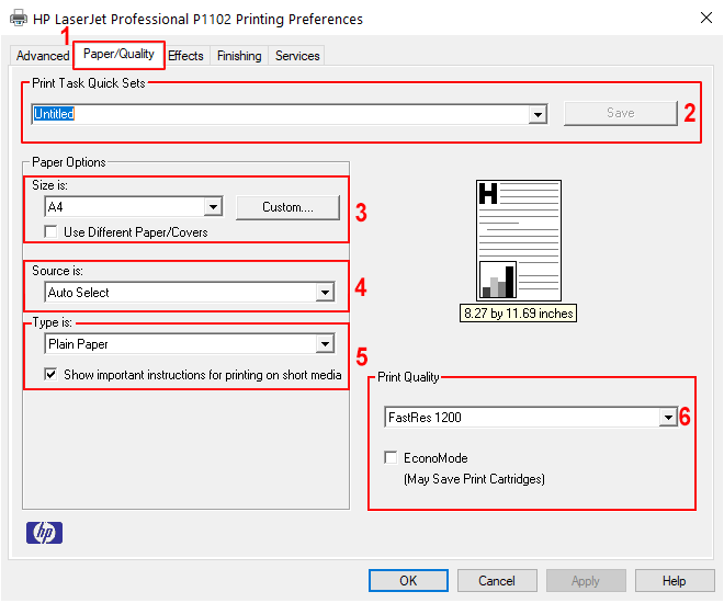 تب Paper/Quality برای تنظیمات کاغذ و کیفیت چاپ در نرم افزار HP