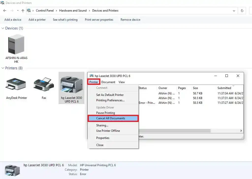 پاک کردن حافظه پرینتر از طریق Devices and Printers و Cancell All Documents
